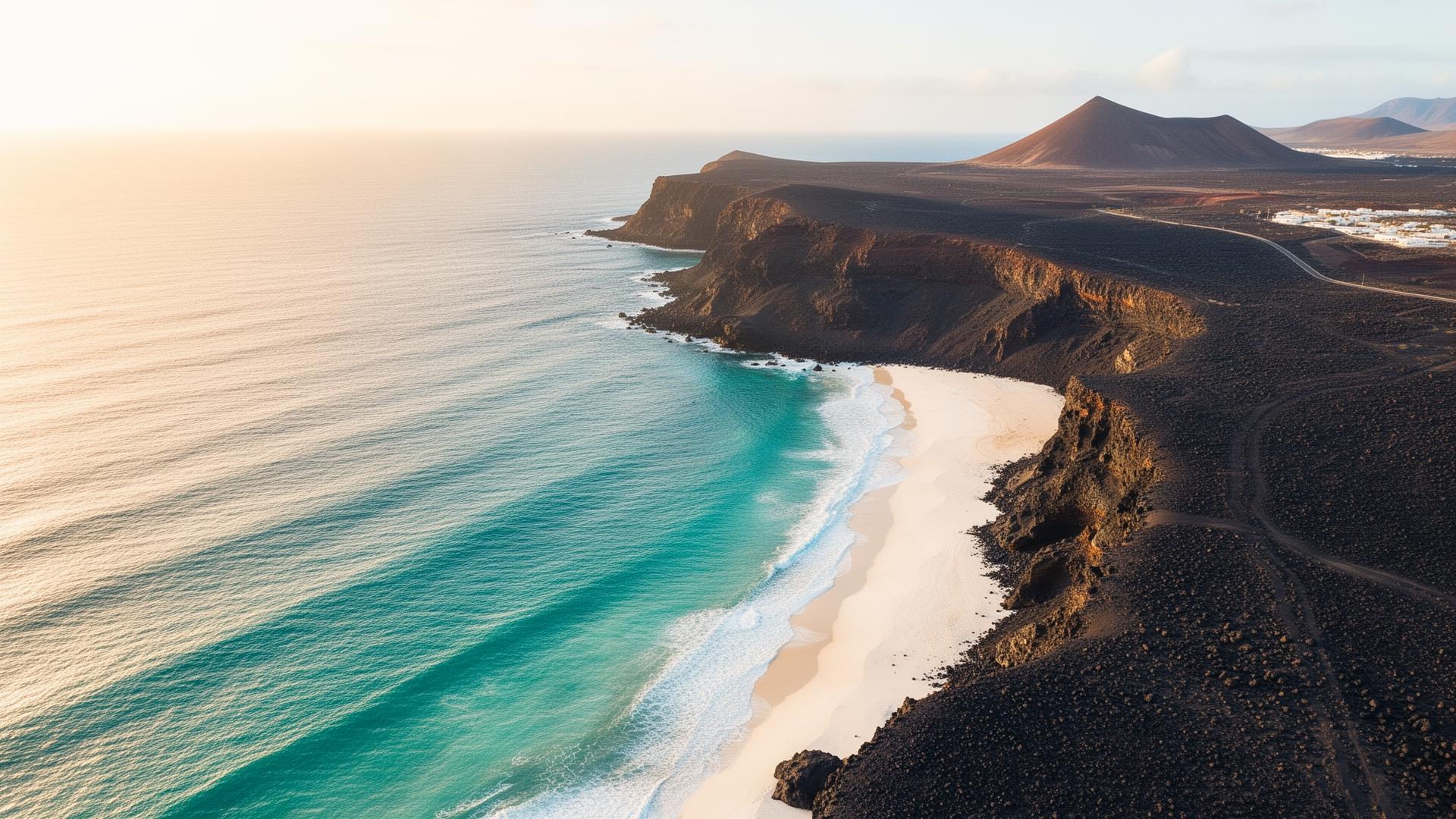 Aerial view of Lanzarote's coast — turquoise ocean meeting volcanic cliffs